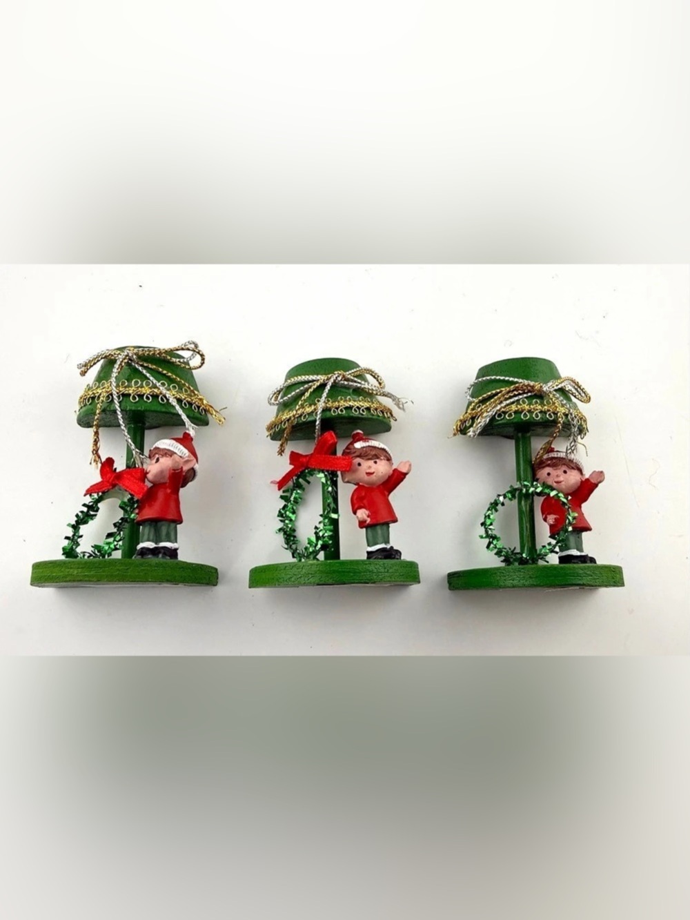 Vintage Mid Century Wooden Elf Spool Diorama Christmas Ornament Magnets- Set of